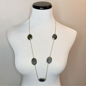Marlyn Schiff Faceted Glass Long Necklace Gold Tone Chain Green Blue Grey Glass